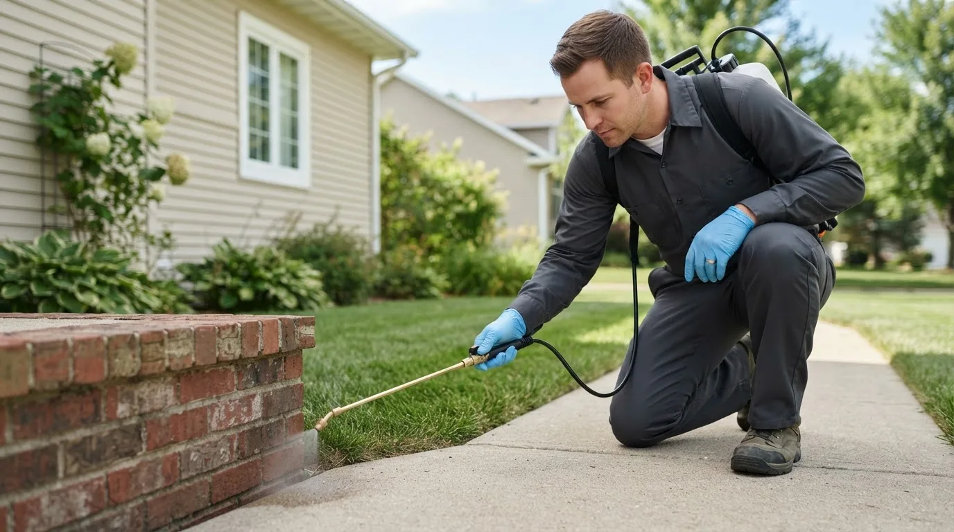 Pest control technician treating a home near Madison, IL